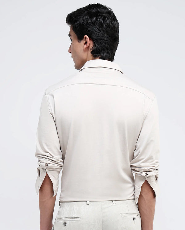 Rare Rabbit Men Tour Light Beige Cotton Polyester Elastane Fabric Full Sleeve Collared Collar Button Closure Plain Knitted Formal Shirt