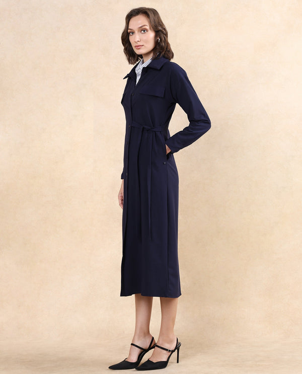 Rareism Women Towoo Navy Cuffed Sleeve Collared Neck Button Closure Maxi Plain Jacket