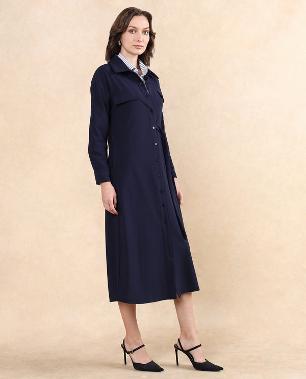 Rareism Women Towoo Navy Cuffed Sleeve Collared Neck Button Closure Maxi Plain Jacket