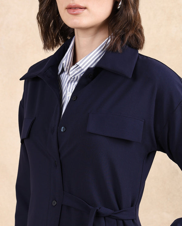 Rareism Women Towoo Navy Cuffed Sleeve Collared Neck Button Closure Maxi Plain Jacket