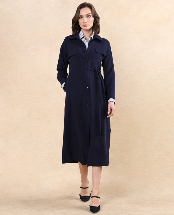 Rareism Women Towoo Navy Cuffed Sleeve Collared Neck Button Closure Maxi Plain Jacket