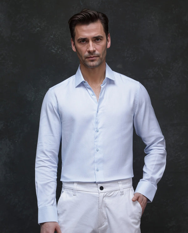 Rare Rabbit Mens Traf Pastel Blue Cotton Dobby Fabric Full Sleeves Regular Fit Solid Shirt