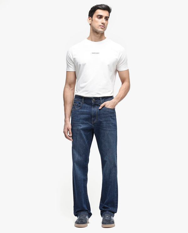 Rare Rabbit Mens Train Fluorescent Blue Regular Fit Mid Wash Mid Rise Jeans