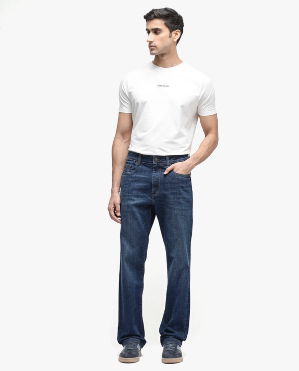 Rare Rabbit Mens Train Fluorescent Blue Regular Fit Mid Wash Mid Rise Jeans
