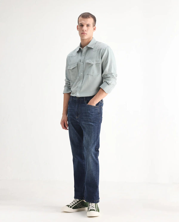 Rare Rabbit Mens Train Fluorescent Blue Regular Fit Mid Wash Mid Rise Jeans