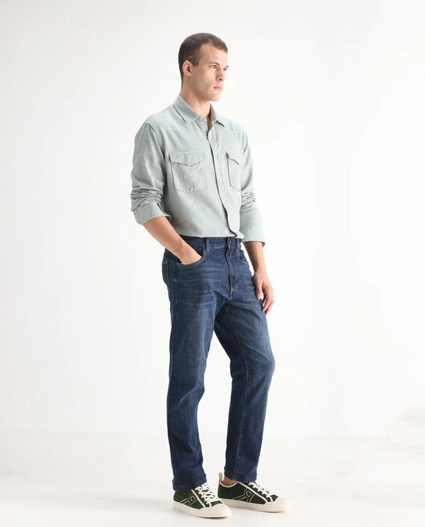 Rare Rabbit Mens Train Fluorescent Blue Regular Fit Mid Wash Mid Rise Jeans