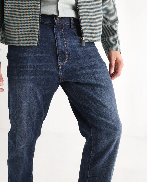 Rare Rabbit Mens Train Fluorescent Blue Regular Fit Mid Wash Mid Rise Jeans