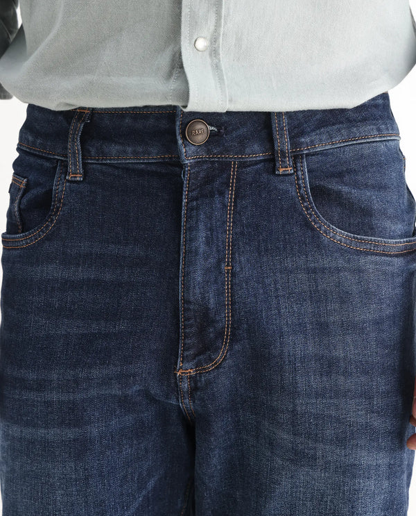 Rare Rabbit Mens Train Fluorescent Blue Regular Fit Mid Wash Mid Rise Jeans