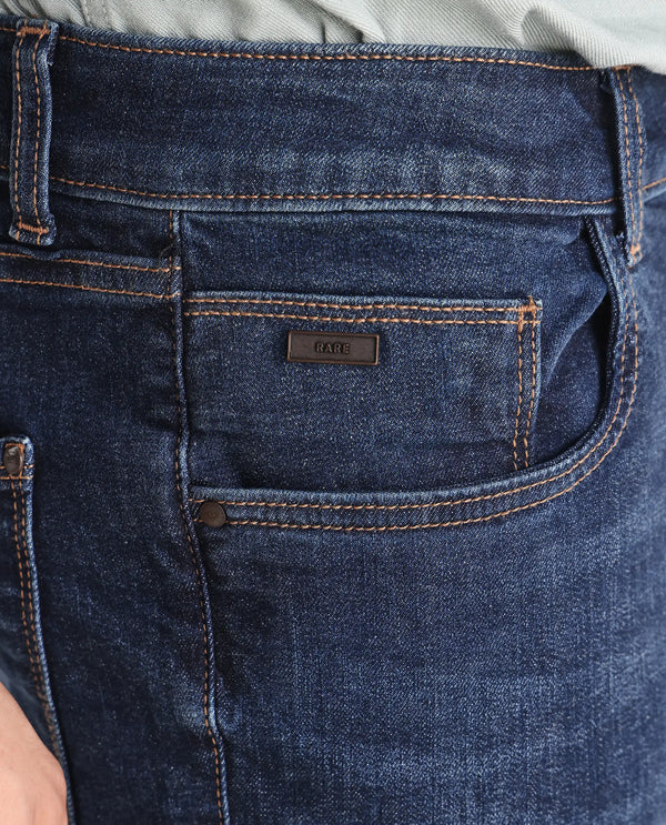 Rare Rabbit Mens Train Fluorescent Blue Regular Fit Mid Wash Mid Rise Jeans