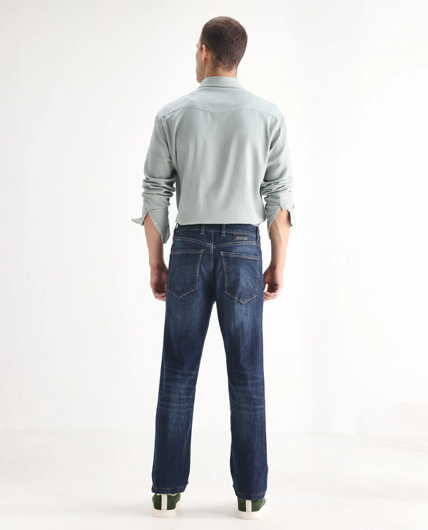 Rare Rabbit Mens Train Fluorescent Blue Regular Fit Mid Wash Mid Rise Jeans