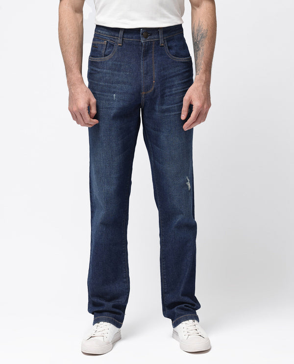 Rare Rabbit Mens Traingle Blue Mid Wash Mid Rise Regular Fit Denim Jeans