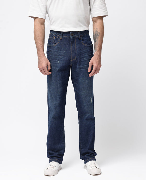 Rare Rabbit Mens Traingle Blue Mid Wash Mid Rise Regular Fit Denim Jeans