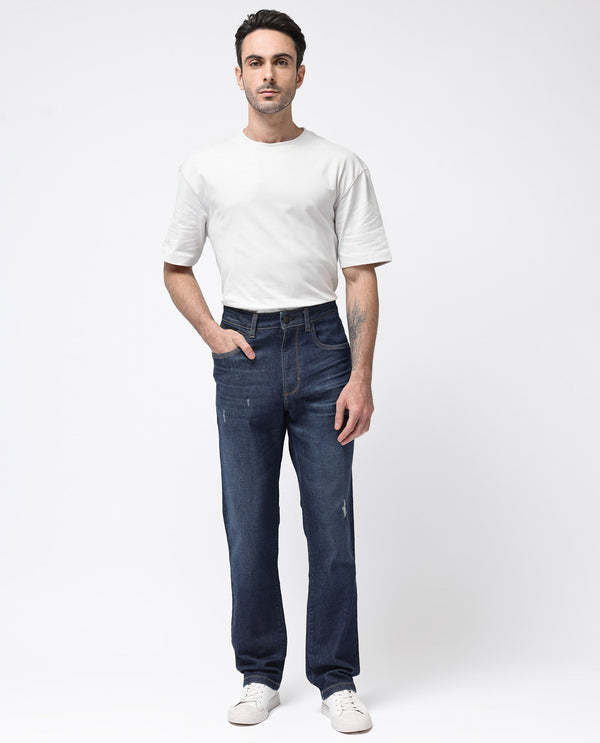 Rare Rabbit Mens Traingle Blue Mid Wash Mid Rise Regular Fit Denim Jeans