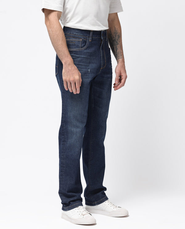 Rare Rabbit Mens Traingle Blue Mid Wash Mid Rise Regular Fit Denim Jeans