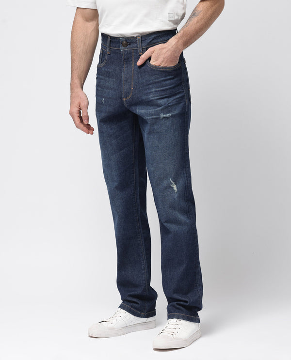 Rare Rabbit Mens Traingle Blue Mid Wash Mid Rise Regular Fit Denim Jeans