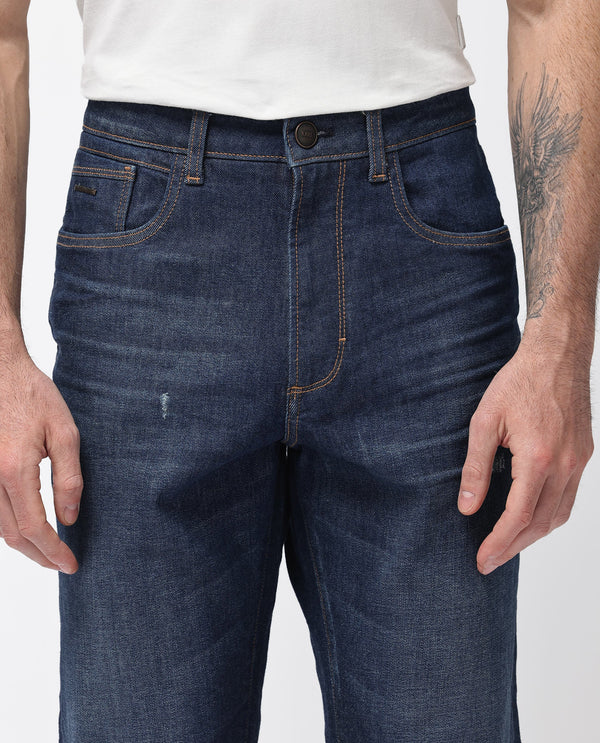 Rare Rabbit Mens Traingle Blue Mid Wash Mid Rise Regular Fit Denim Jeans