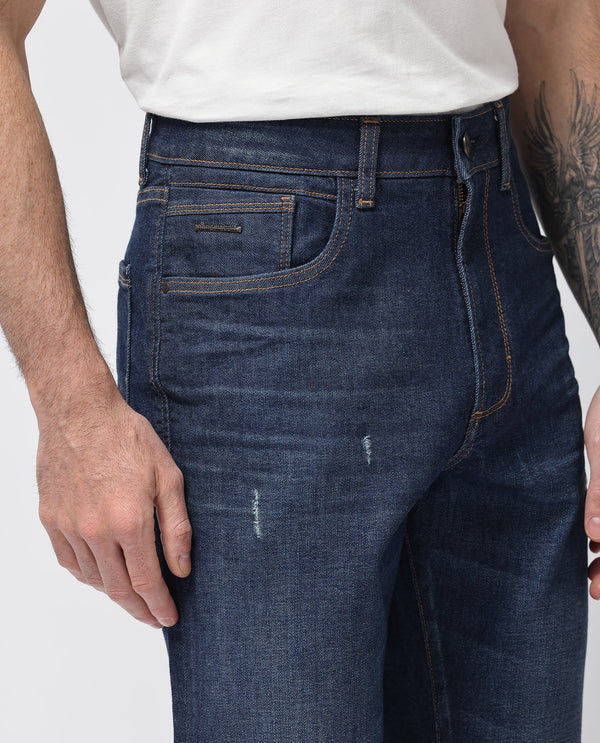 Rare Rabbit Mens Traingle Blue Mid Wash Mid Rise Regular Fit Denim Jeans