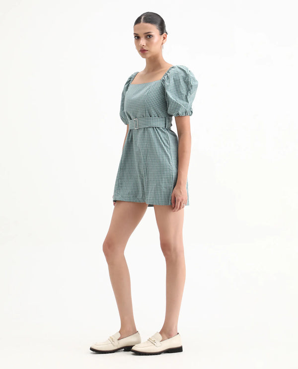 Rareism Women Train Green Check Square Neck Short Puff Sleeves With Fabric Waist Belt Smocked Back Pockets Mini Dress