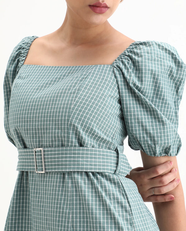 Rareism Women Train Green Check Square Neck Short Puff Sleeves With Fabric Waist Belt Smocked Back Pockets Mini Dress