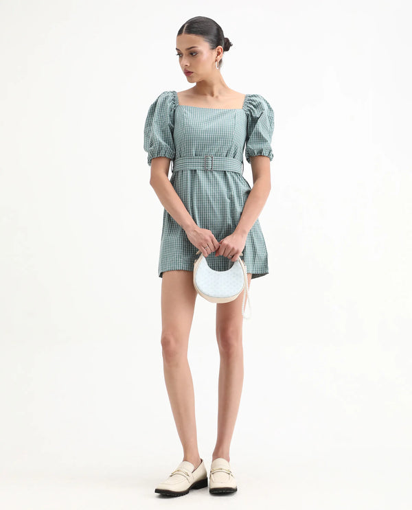 Rareism Women Train Green Check Square Neck Short Puff Sleeves With Fabric Waist Belt Smocked Back Pockets Mini Dress