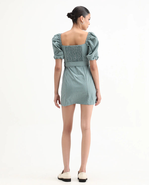 Rareism Women Train Green Check Square Neck Short Puff Sleeves With Fabric Waist Belt Smocked Back Pockets Mini Dress