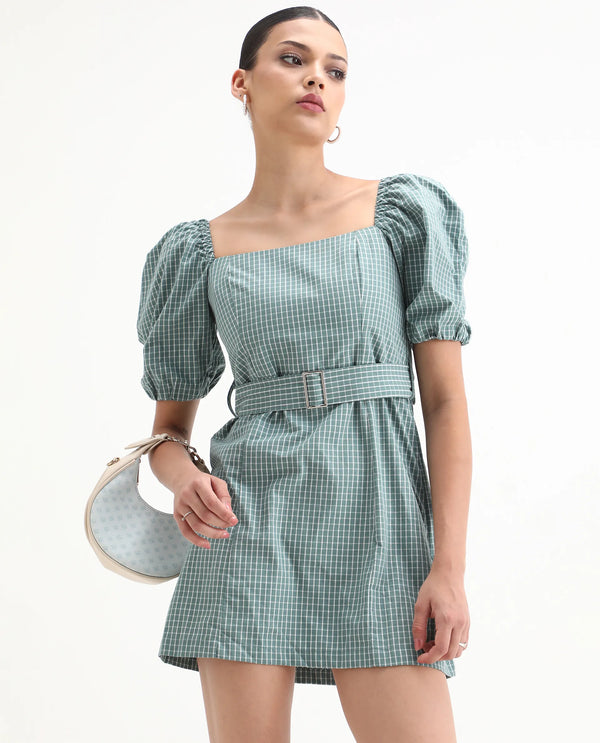Rareism Women Train Green Check Square Neck Short Puff Sleeves With Fabric Waist Belt Smocked Back Pockets Mini Dress