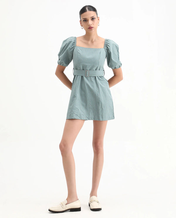Rareism Women Train Green Check Square Neck Short Puff Sleeves With Fabric Waist Belt Smocked Back Pockets Mini Dress