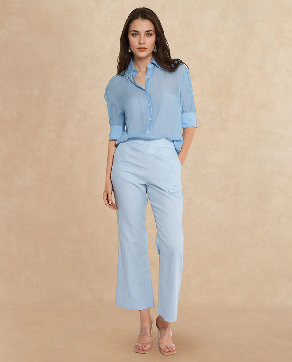 Rareism Women Trani Light Blue  Wide Leg Fit Ankle Length Plain Trouser