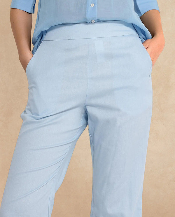 Rareism Women Trani Light Blue  Wide Leg Fit Ankle Length Plain Trouser
