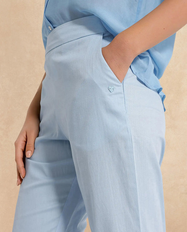 Rareism Women Trani Light Blue  Wide Leg Fit Ankle Length Plain Trouser