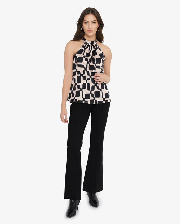 Rareism Women Trapani-SC Black Button Closure Sleeveless Halter Neck Geometric Print Top