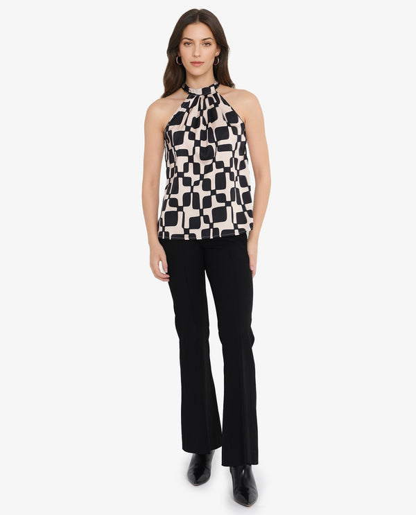 Rareism Women Trapani-SC Black Button Closure Sleeveless Halter Neck Geometric Print Top