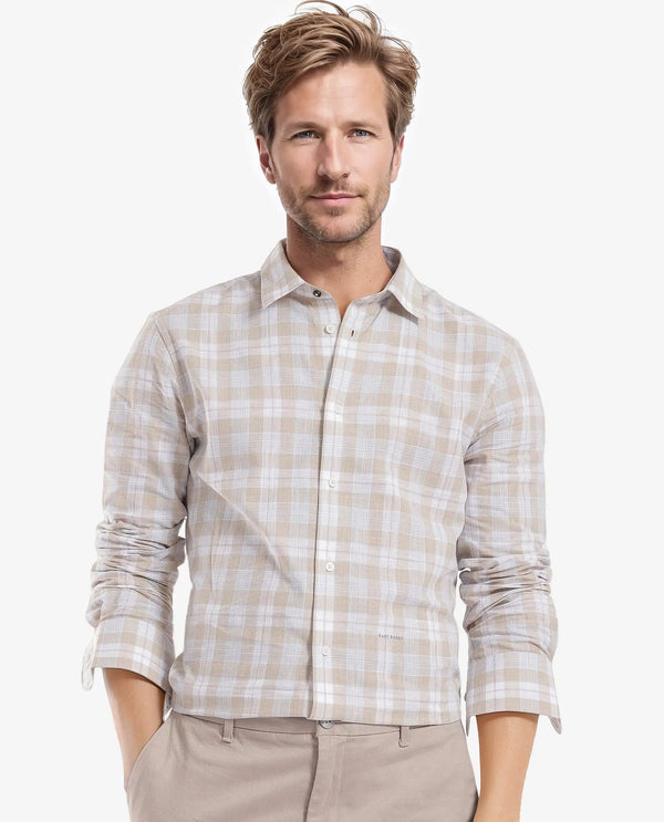 Rare Rabbit Men's Tratin Dusky Beige Cotton Fabric Full Sleeve Regular Fit Checks Shirt