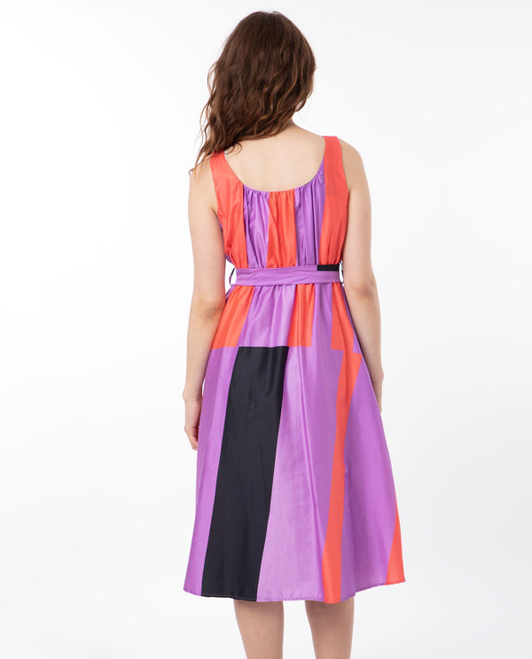 Rareism Women Traut Purple Cotton Fabric Round Neck Sleeveless Regular Fit Striped Knee Length Empire Dress