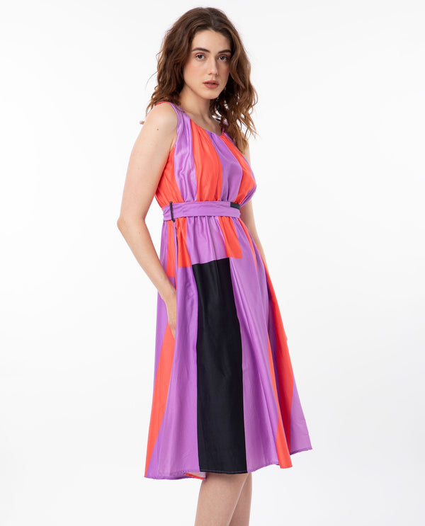 Rareism Women Traut Purple Cotton Fabric Round Neck Sleeveless Regular Fit Striped Knee Length Empire Dress
