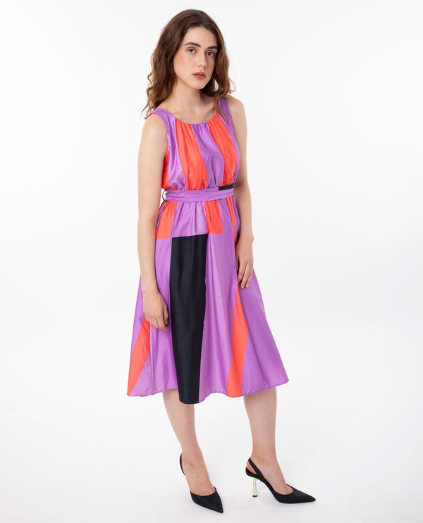 Rareism Women Traut Purple Cotton Fabric Round Neck Sleeveless Regular Fit Striped Knee Length Empire Dress