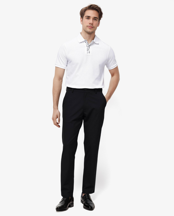 Rare Rabbit Men Travel-25 Black Polyester Viscose Lycra Fabric Button And Zip Closure Regular Fit Solid Trousers