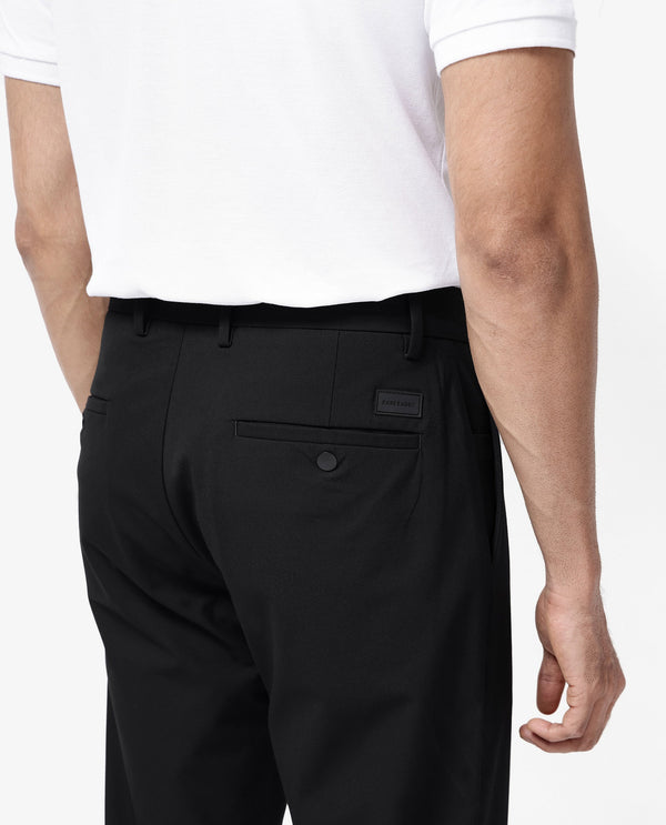 Rare Rabbit Men Travel-25 Black Polyester Viscose Lycra Fabric Button And Zip Closure Regular Fit Solid Trousers