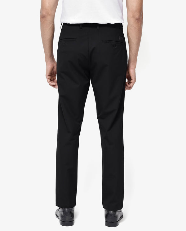 Rare Rabbit Men Travel-25 Black Polyester Viscose Lycra Fabric Button And Zip Closure Regular Fit Solid Trousers