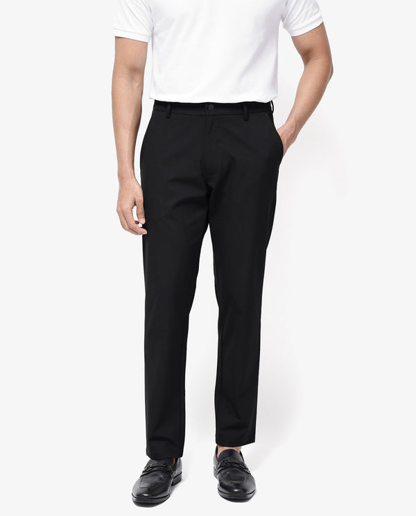 Rare Rabbit Men Travel-25 Black Polyester Viscose Lycra Fabric Button And Zip Closure Regular Fit Solid Trousers