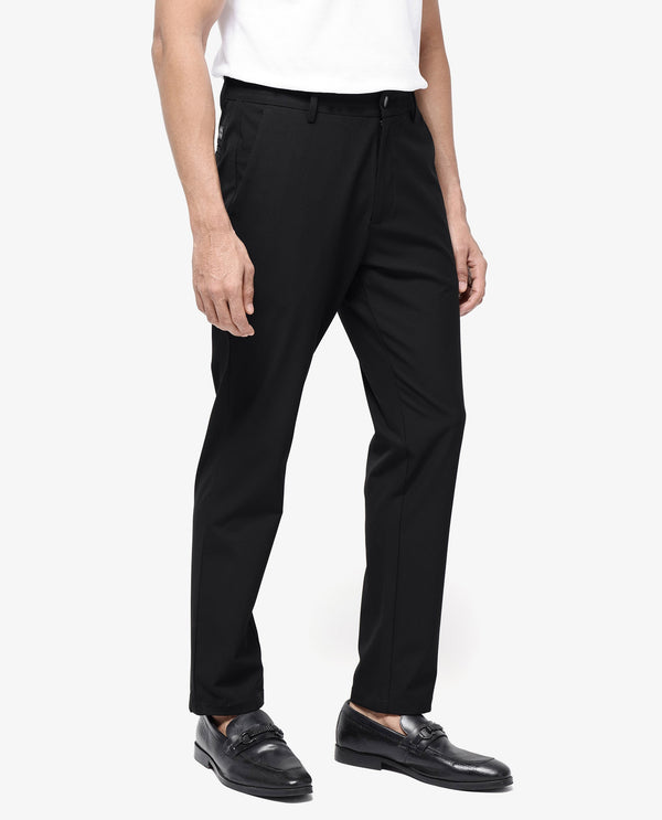 Rare Rabbit Men Travel-25 Black Polyester Viscose Lycra Fabric Button And Zip Closure Regular Fit Solid Trousers