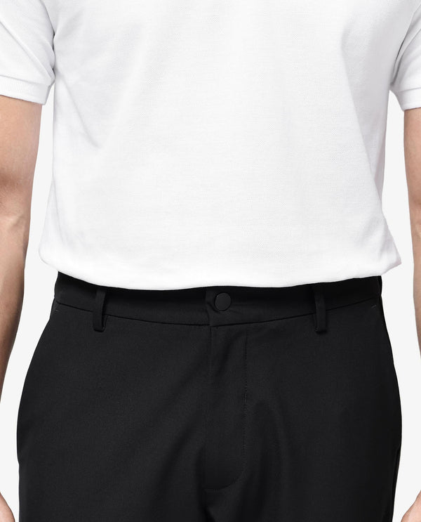 Rare Rabbit Men Travel-25 Black Polyester Viscose Lycra Fabric Button And Zip Closure Regular Fit Solid Trousers