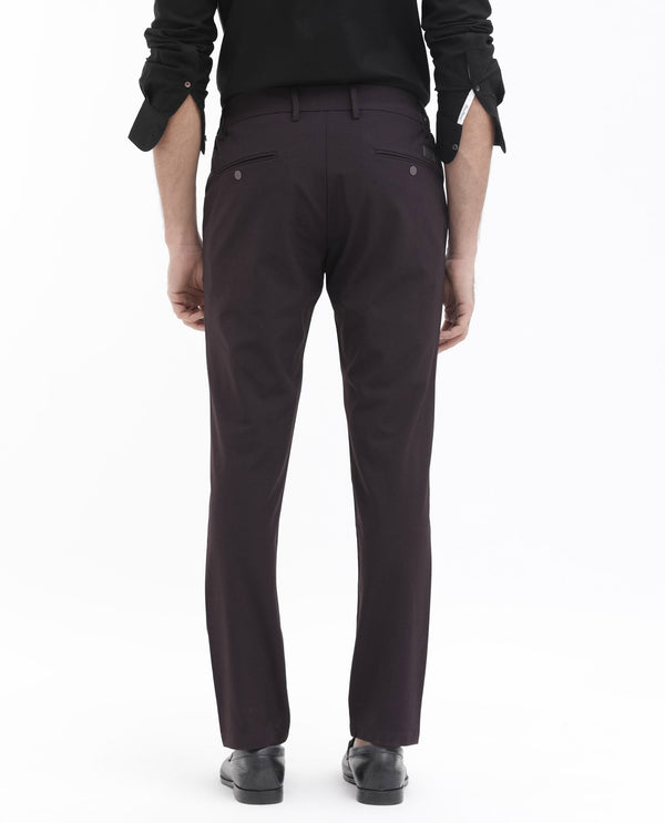 Rare Rabbit Mens Travel-24 Maroon Polyester Viscose Lycra Fabric Mid Rise Regular Fit Solid Trousers