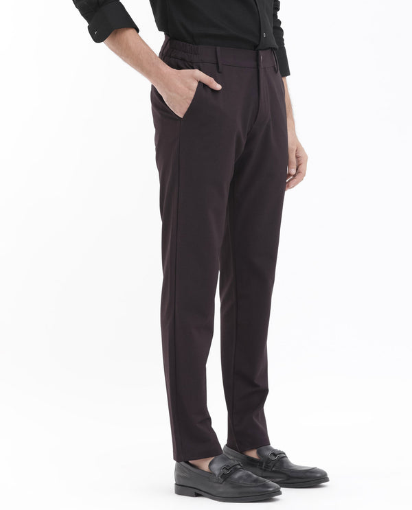 Rare Rabbit Mens Travel-24 Maroon Polyester Viscose Lycra Fabric Mid Rise Regular Fit Solid Trousers