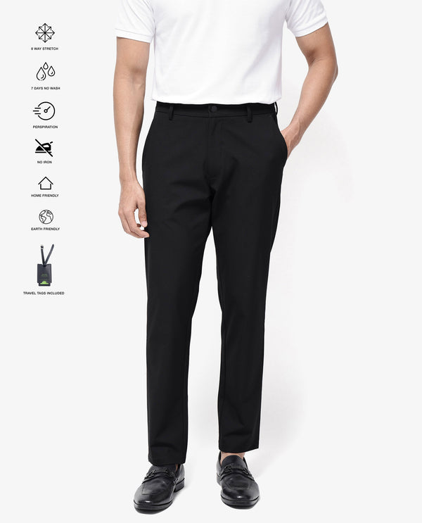 Rare Rabbit Men Travel-25 Black Polyester Viscose Lycra Fabric Button And Zip Closure Regular Fit Solid Trousers