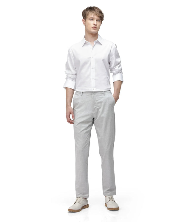 Rare Rabbit Men Travel-26 Grey Cotton Elastane Fabric Button And Zip Closure Plain Trouser