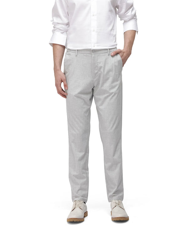 Rare Rabbit Men Travel-26 Grey Cotton Elastane Fabric Button And Zip Closure Plain Trouser