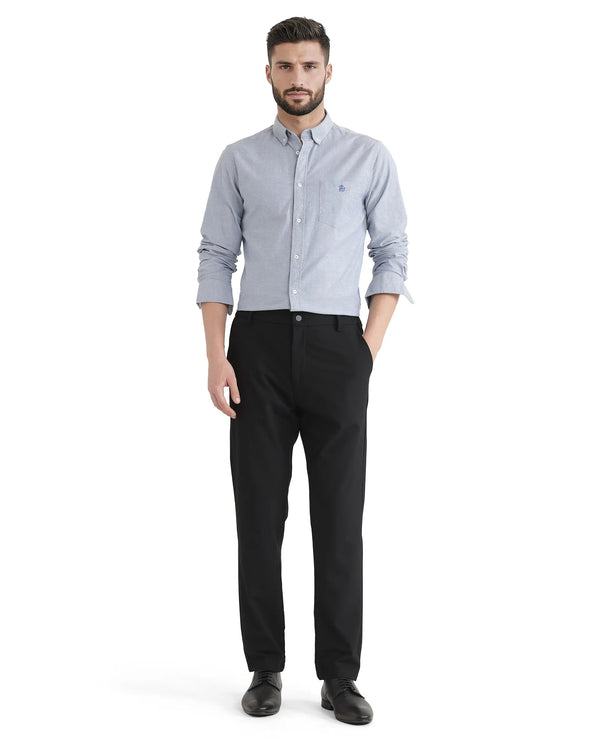 Rare Rabbit Men Travel-Uni Black Polyester Viscose Fabric Button And Zip Closure Plain Trouser