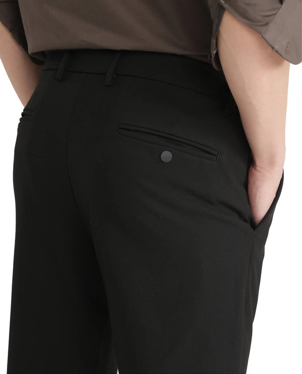 Rare Rabbit Men Travel-26 Black Cotton Elastane Fabric Button And Zip Closure Plain Trouser