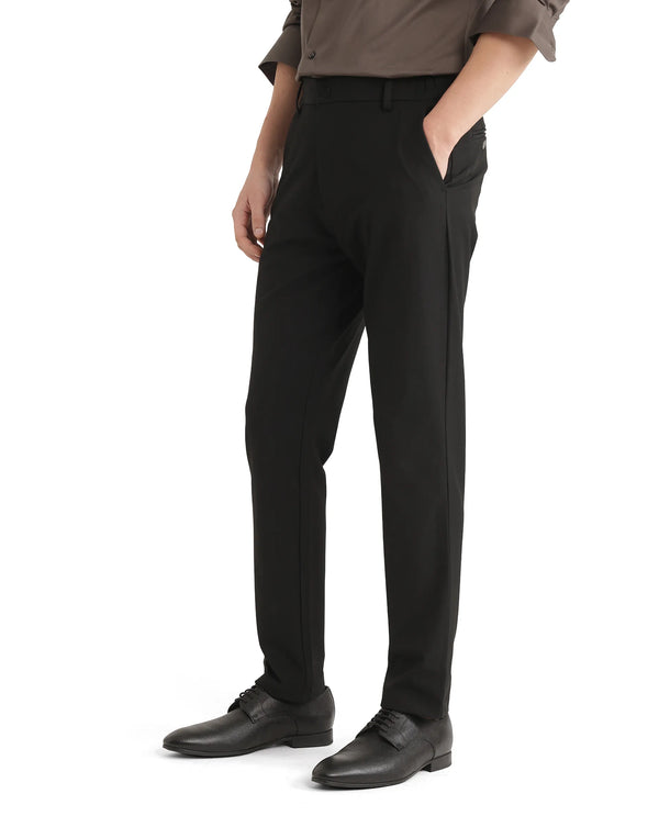 Rare Rabbit Men Travel-26 Black Cotton Elastane Fabric Button And Zip Closure Plain Trouser